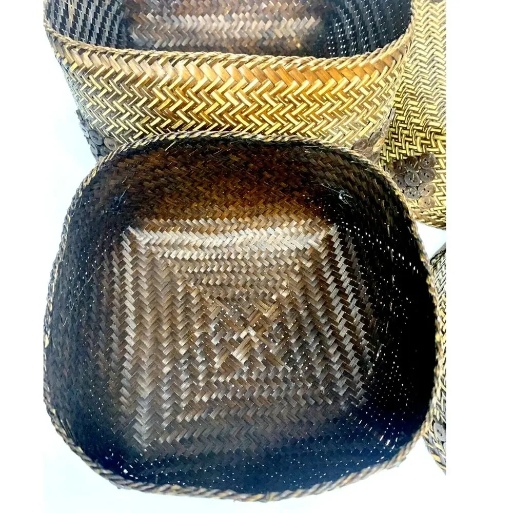 Square Chunky Hand Woven Nesting Baskets Shell & Button Lid Storage Boho Coastal